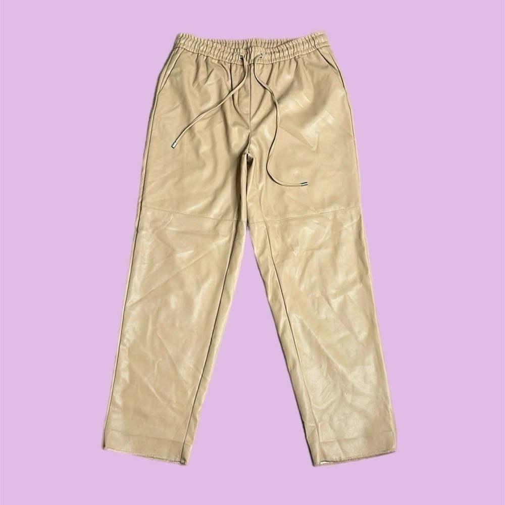 Calvin Klein Women’s Faux Leather High Rise Pull On Straight Leg Pants Tan Sz 8